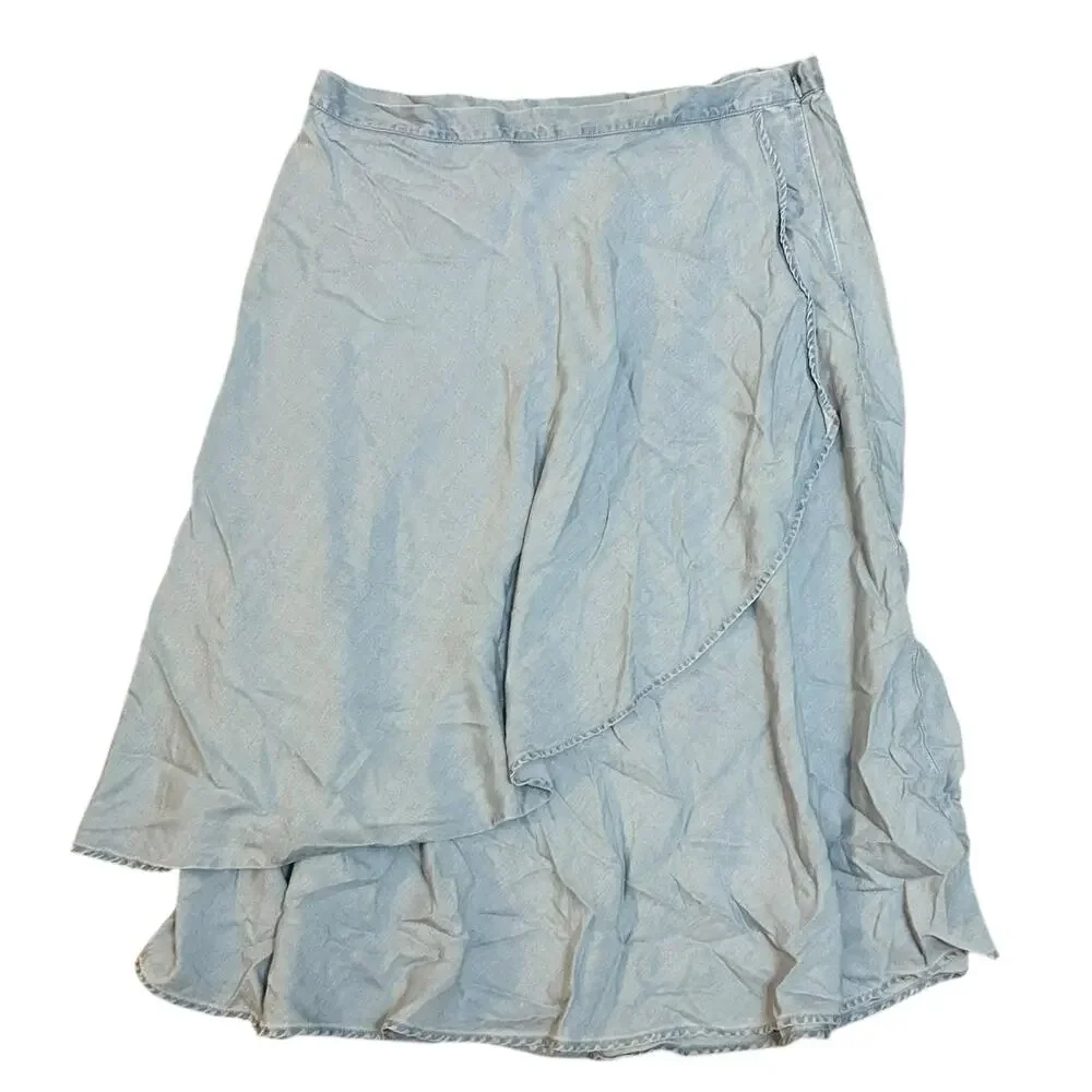 Soft Surroundings Chambray Faux Wrap Midi Skirt Womens Large Coastal Lagenlook